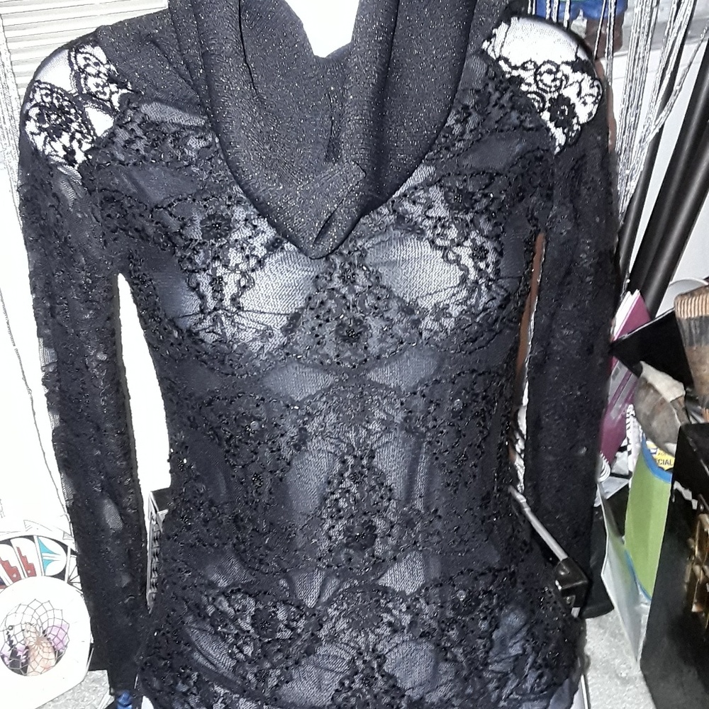 Daring Black Lace Sheer Blouse/long neck
